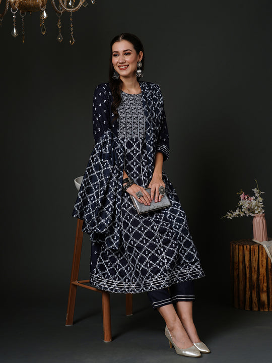Indo Era Navy Blue Embroidered A-line Kurta Trouser With Duapatta Set