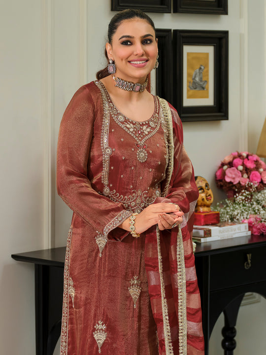 Indo Era Red Embroidered Straight Kurta Trousers With Dupatta Set