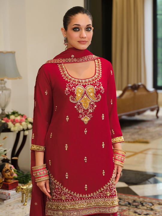Indo Era Red Embroidered Straight Kurta Palazzos With Dupatta Set
