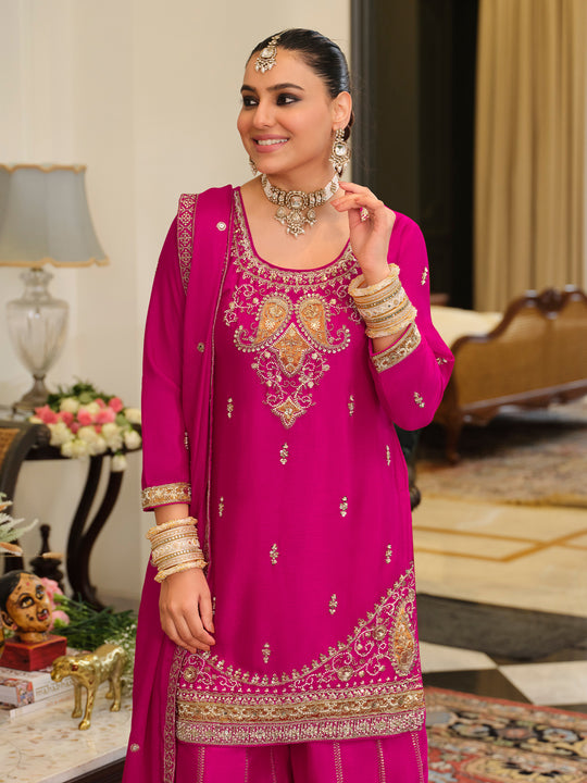 Indo Era Pink Embroidered Straight Kurta Palazzos With Dupatta Set
