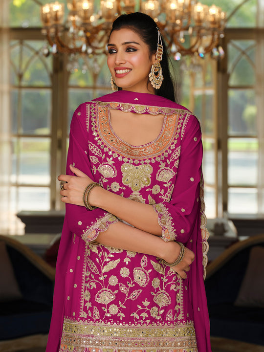 Indo Era Pink Embroidered Straight Kurta Sharara With Dupatta Set