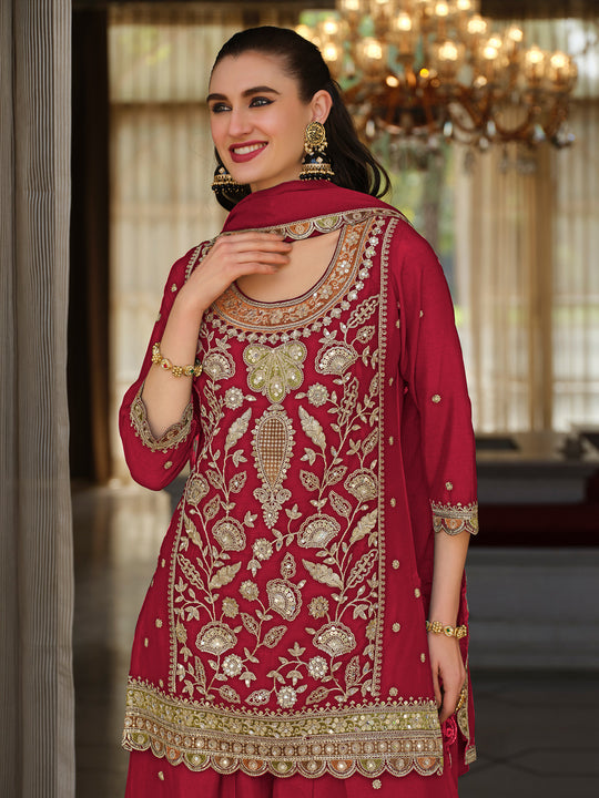 Indo Era Red Embroidered Straight Kurta Sharara With Dupatta Set