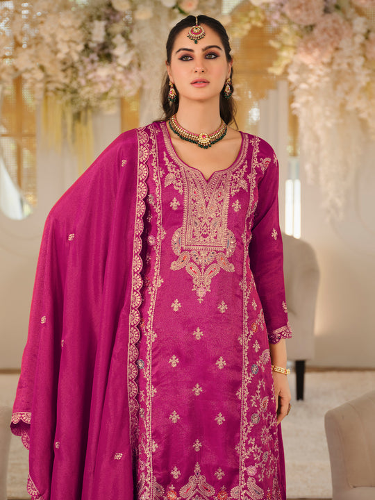Indo Era Pink Embroidered Straight Kurta Sharara With Dupatta Set