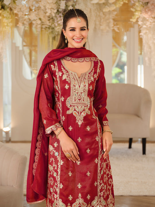 Indo Era Red Embroidered Straight Kurta Sharara With Dupatta Set