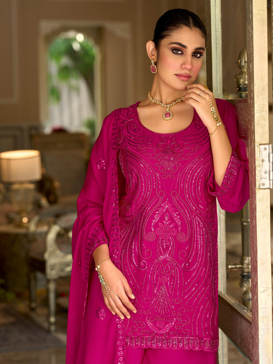 Indo Era Pink Embroidered Straight Kurta Sharara With Dupatta Set
