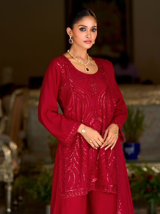 Indo Era Red Embroidered Straight Kurta Sharara With Dupatta Set