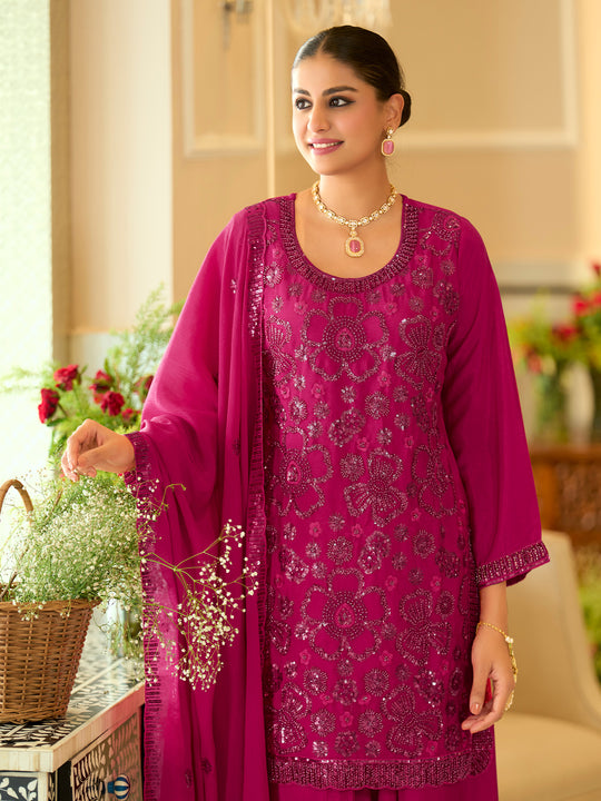 Indo Era Pink Embroidered Straight Kurta Salwar With Dupatta Set