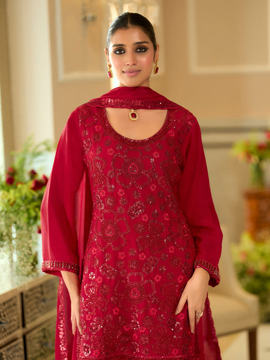 Indo Era Red Embroidered Straight Kurta Salwar With Dupatta Set