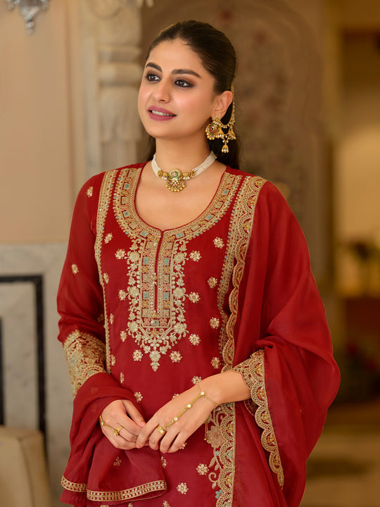 Indo Era Red Embroidered Straight Kurta Trousers With Dupatta Set