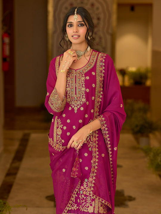 Indo Era Pink Embroidered Straight Kurta Trousers With Dupatta Set