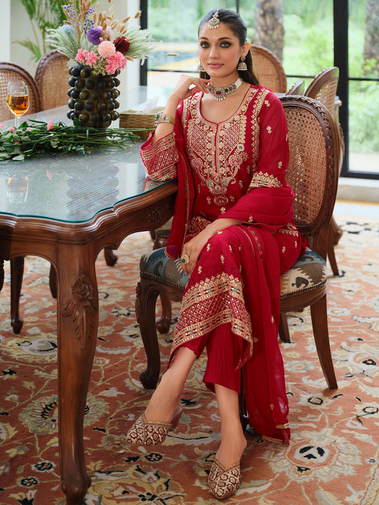 Indo Era Red Embroidered Straight Kurta Trousers With Dupatta Set