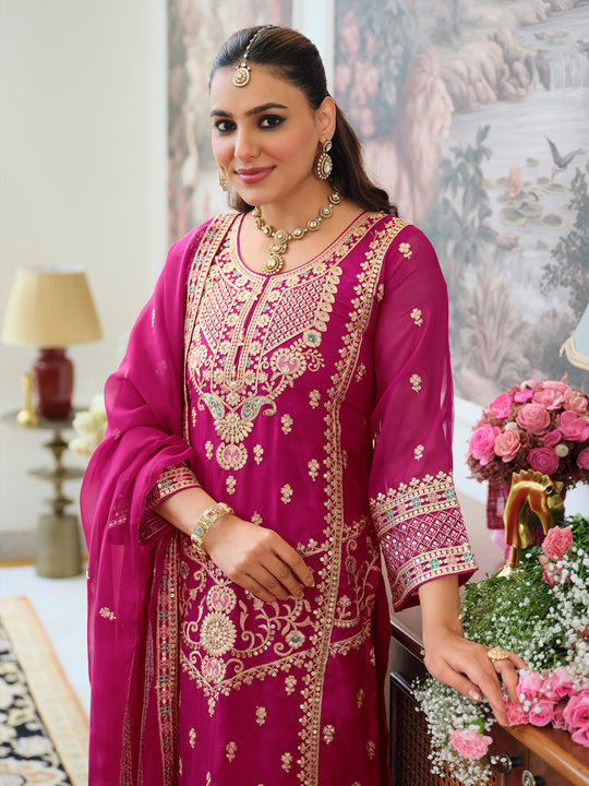 Indo Era Pink Embroidered Straight Kurta Trousers With Dupatta Set