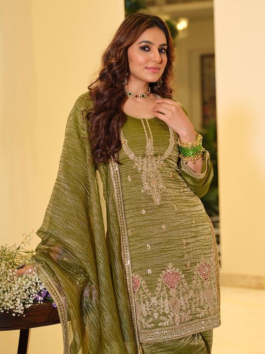 Indo Era Green Embroidered Straight Kurta Salwar With Dupatta Set