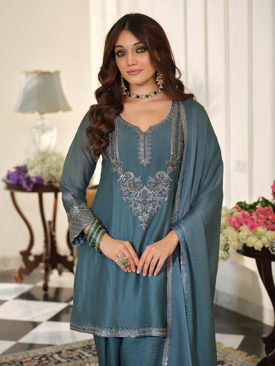 Indo Era Blue Embroidered A-Line Kurta Salwar With Dupatta Set