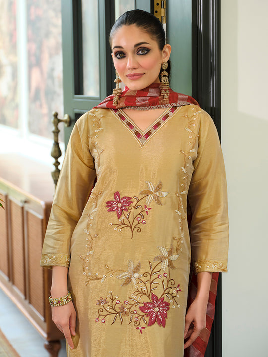 Indo Era Gold Embroidered Straight Kurta Palazzos With Dupatta Set