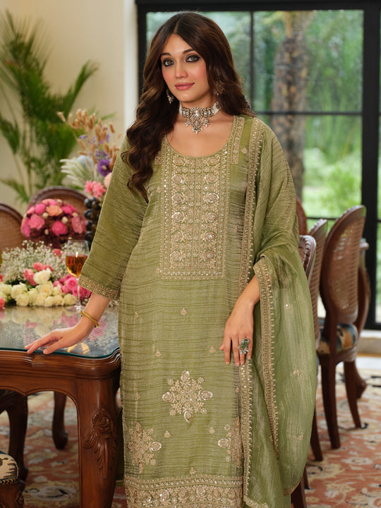 Indo Era Green Embroidered Straight Kurta Palazzos With Dupatta Set