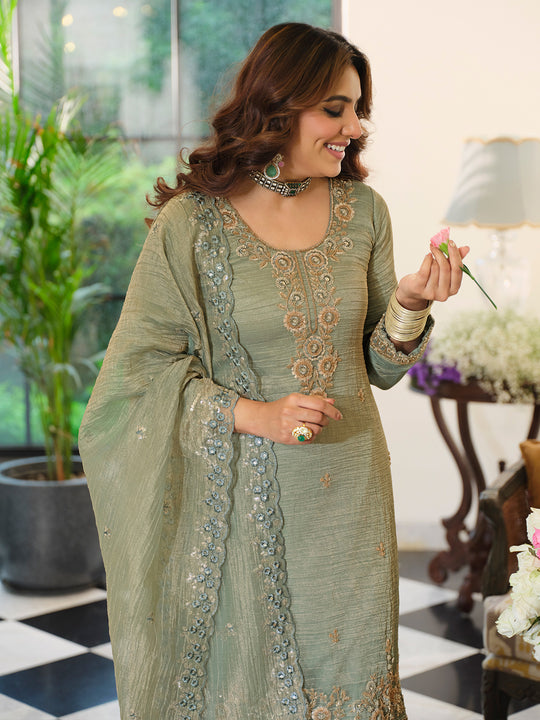 Indo Era Sea Green Embroidered Straight Kurta Palazzos With Dupatta Set