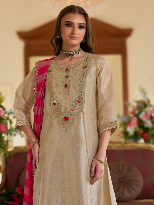 Indo Era Cream Embroidered A-Line Kurta Trousers With Dupatta Set