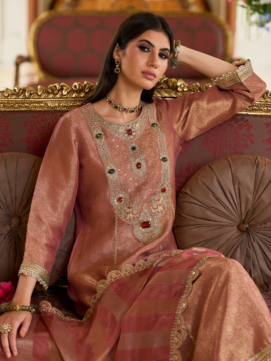 Indo Era Rust Embroidered A-Line Kurta Trousers With Dupatta Set