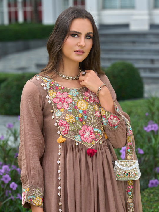 Indo Era Coffee Brown Embroidered A-Line Kurta Trousers With Dupatta Set