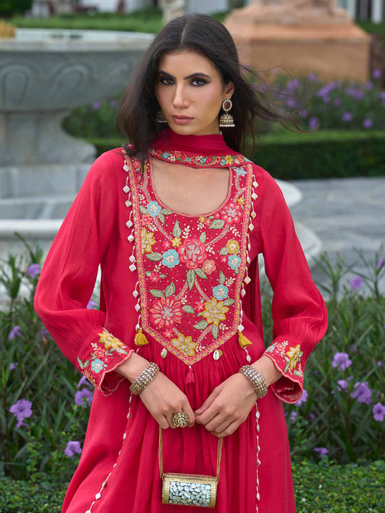 Indo Era Pink Embroidered A-Line Kurta Trousers With Dupatta Set