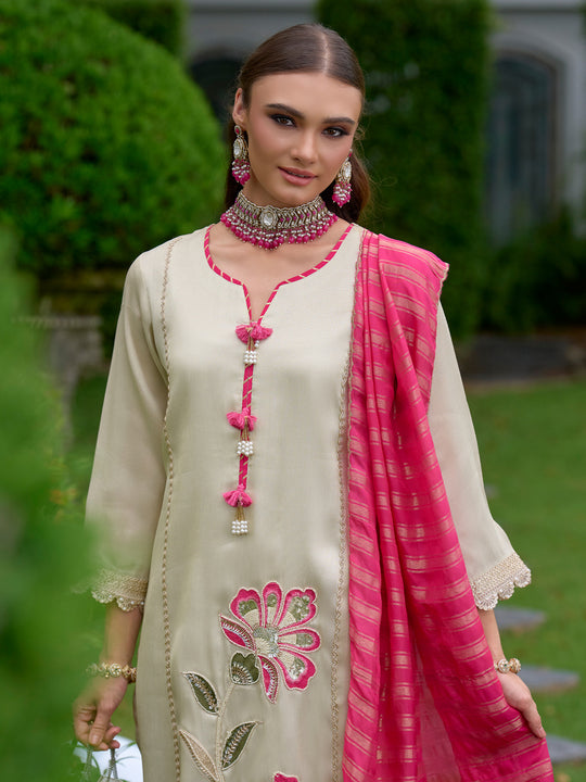 Indo Era Off White Embroidered Straight Kurta Palazzos With Dupatta Set