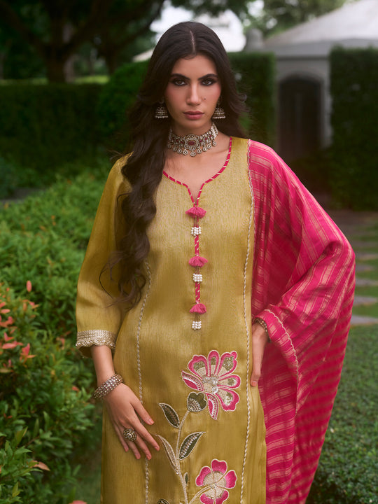 Indo Era Yellow Embroidered Straight Kurta Palazzos With Dupatta Set