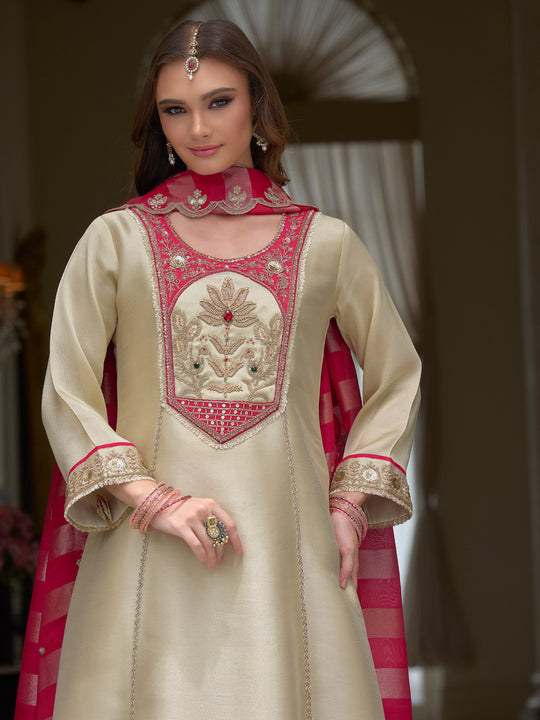 Indo Era Cream Embroidered A-Line Kurta Trousers With Dupatta Set