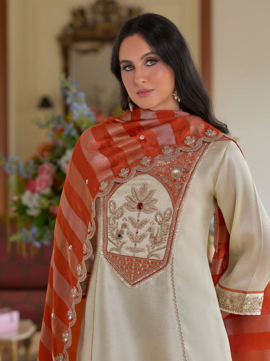 Indo Era Cream Embroidered A-Line Kurta Trousers With Dupatta Set