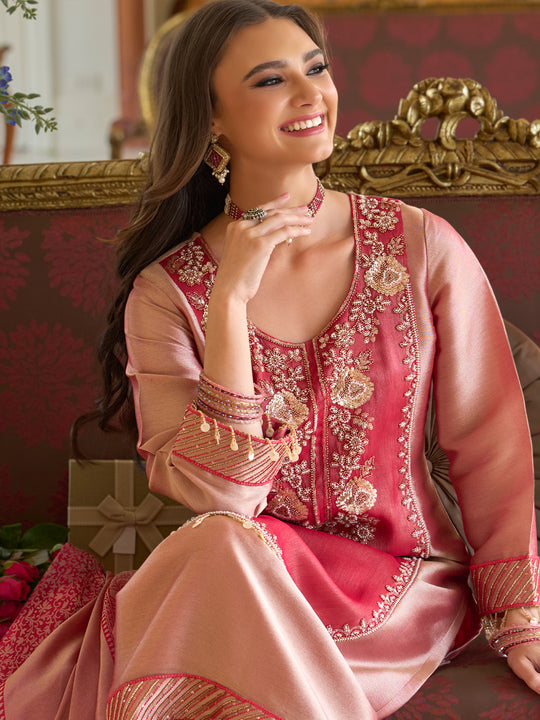 Indo Era Pink Embroidered Straight Kurta Palazzos With Dupatta Set