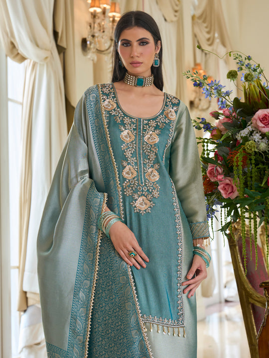 Indo Era Teal Embroidered Straight Kurta Palazzos With Dupatta Set