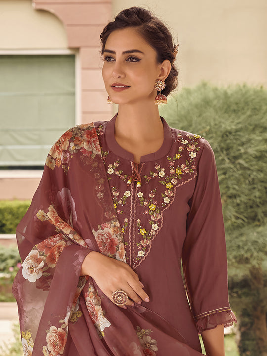 Indo Era Rust Floral Embroidered A-Line Kurta With Trousers & Dupatta