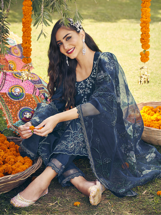 Indo Era Teal Blue & Gold-Toned Floral Sequinned Embroidered Kurta With Trousers & Dupatta