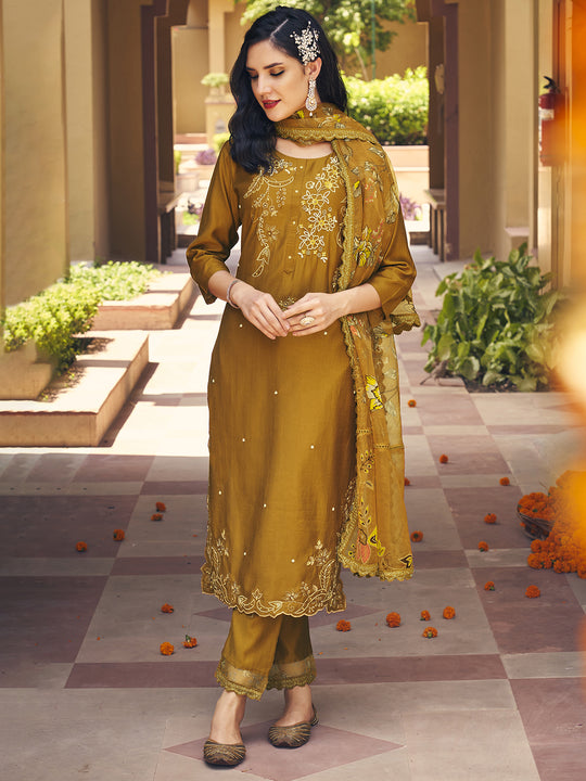 Indo Era Mustard Yellow Floral Embroidered Kurta With Trousers & Dupatta