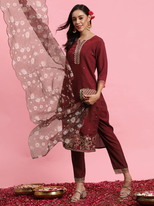 Indo Era Red Embroidered Straight Kurta Trousers With Dupatta Set