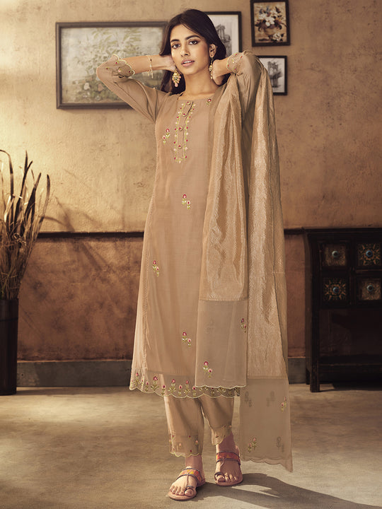 Indo Era Beige Embroidered Straight Kurta Trousers With Dupatta Set