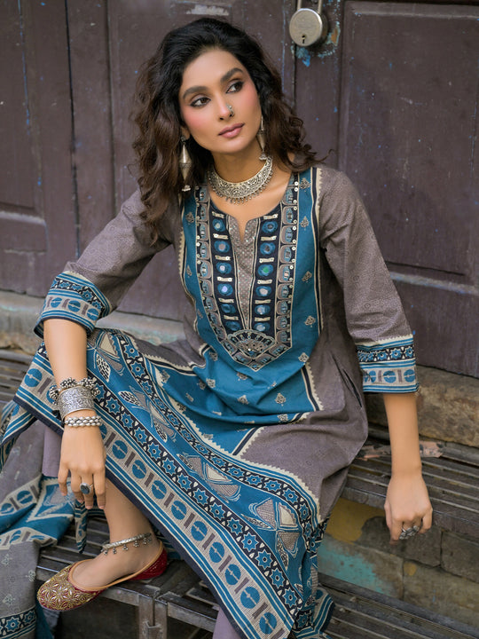 Indo Era Blue Printed A-Line Kurta Trousers With Dupatta Set