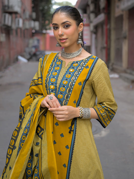 Indo Era Mustard Printed A-Line Kurta Palazzos With Dupatta Set