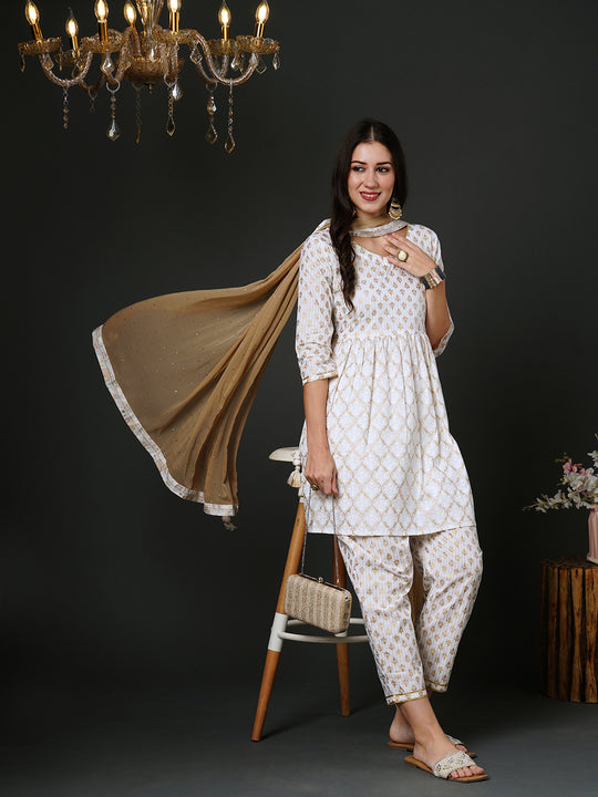Indo Era Off White Printed A-Line Kurta Trousers Set