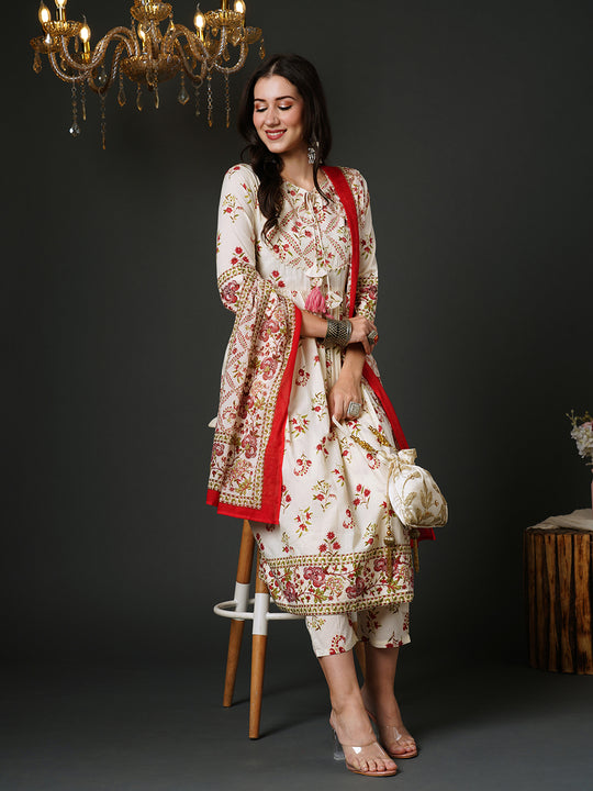 Indo Era Off White Printed A-Line Kurta Trousers With Dupatta Set