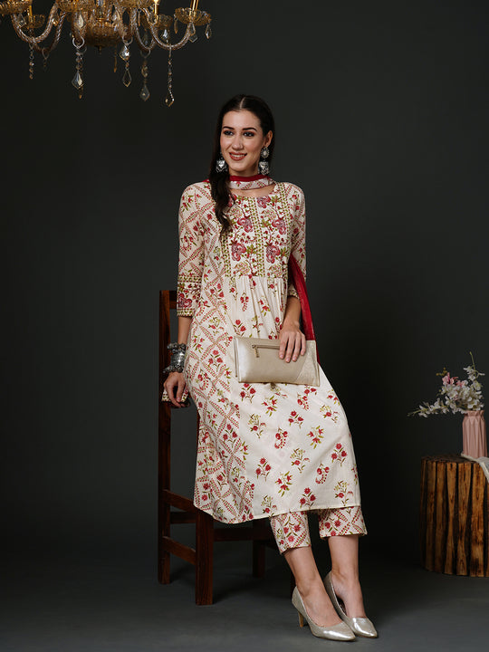 Indo Era Off White Printed A-Line Kurta Trousers With Dupatta Set