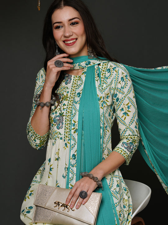 Indo Era Off White Printed A-Line Kurta Trousers With Dupatta Set