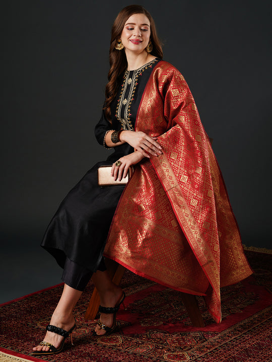 Indo Era Black Embroidered Straight Kurta Trouser With Dupatta Set