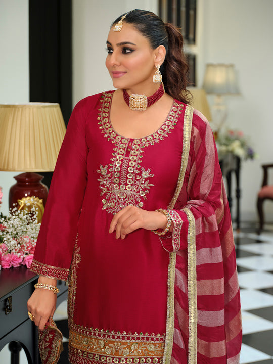 Indo Era Red Embroidered Straight Kurta Salwar With Dupatta Set