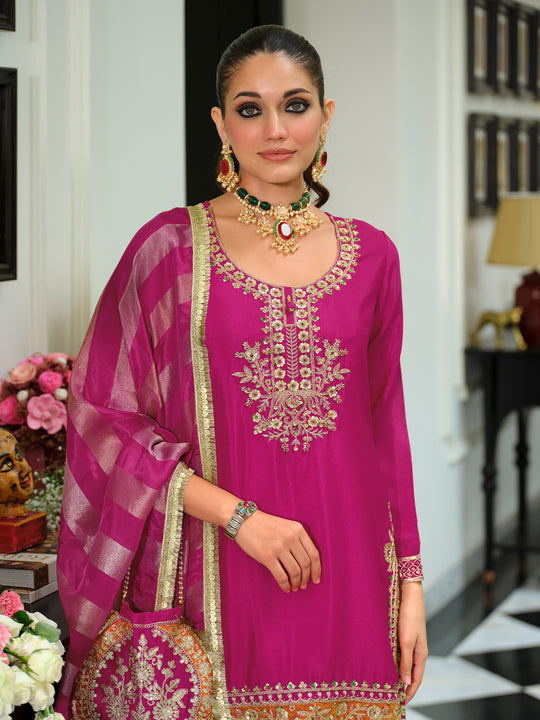 Indo Era Pink Embroidered Straight Kurta Salwar With Dupatta Set
