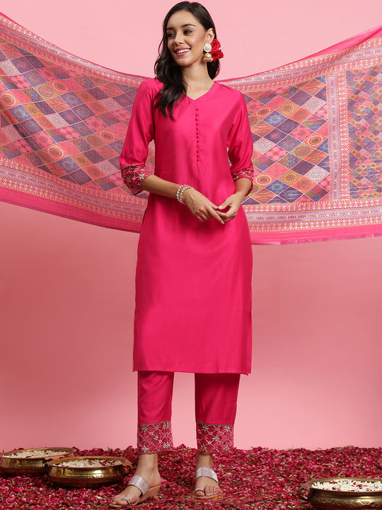 Indo Era Pink Embroidered Straight Kurta Trousers With Dupatta Set