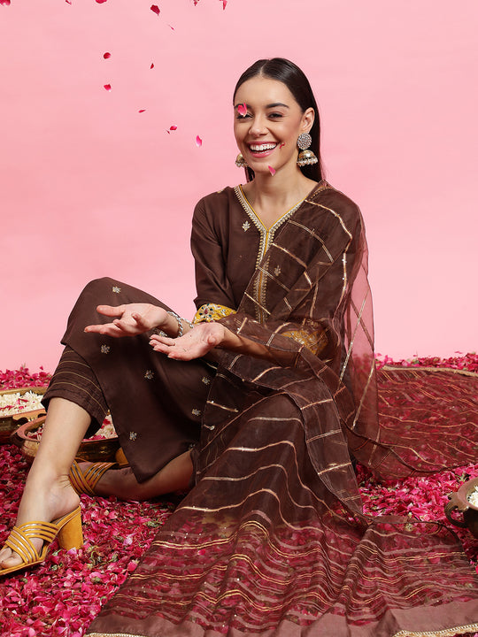 Indo Era Brown Embroidered Straight Kurta Trousers With Dupatta Set