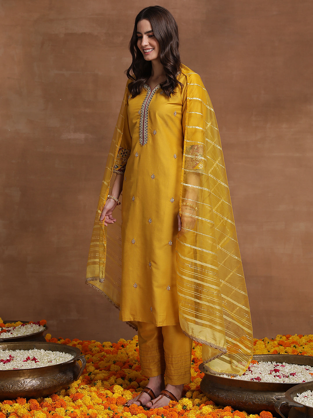 Women Yellow Embroidered A-Line Kurta Trousers With Dupatta Set