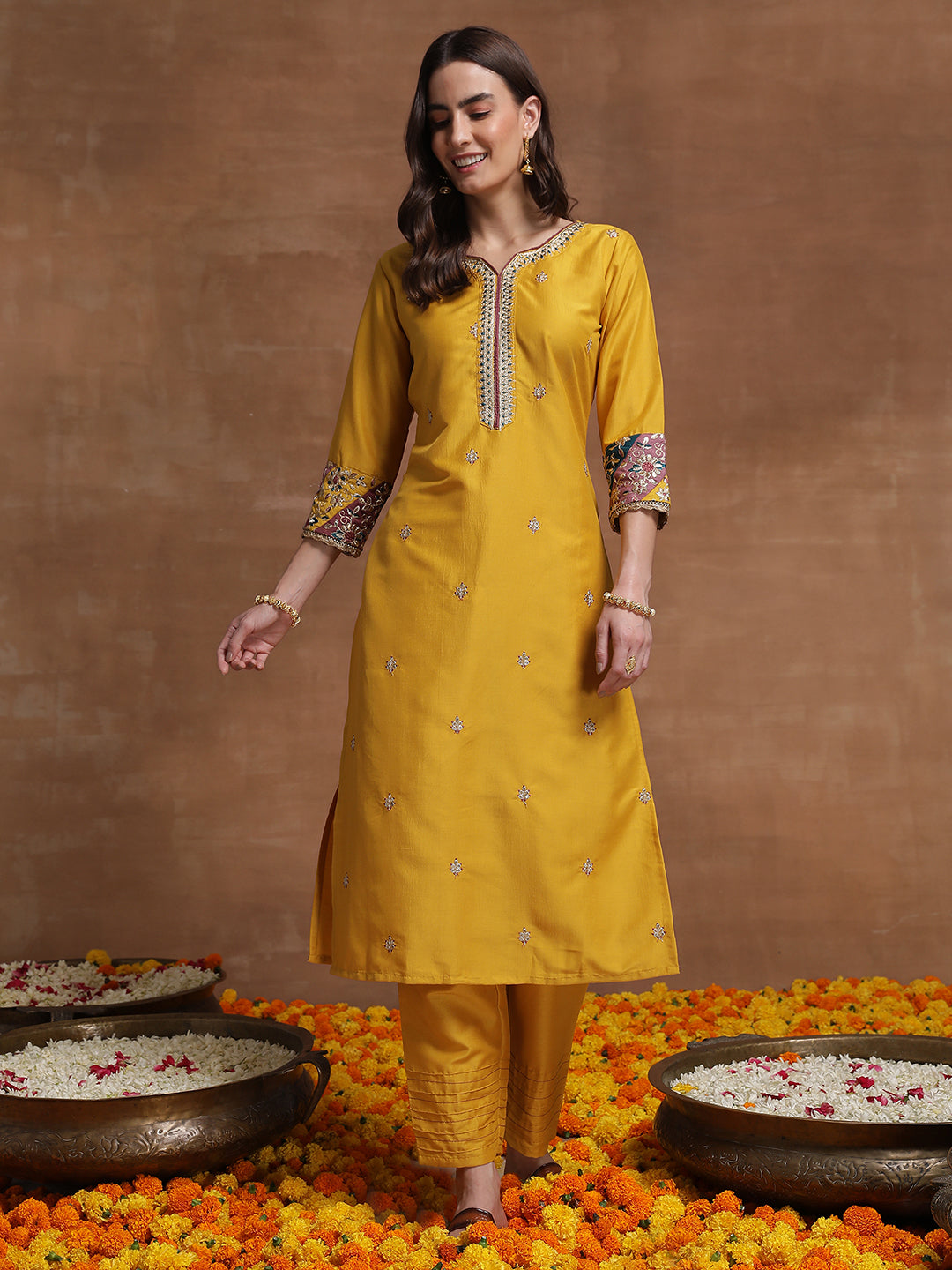 Indo Era Beige Printed A-Line Kurta Trousers Set main image 1