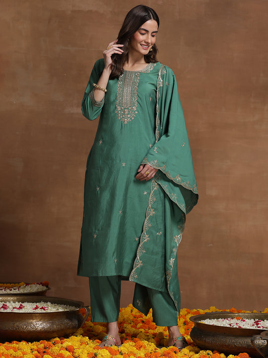 Indo Era Green Embroidered Straight Kurta Trousers With Dupatta  Set